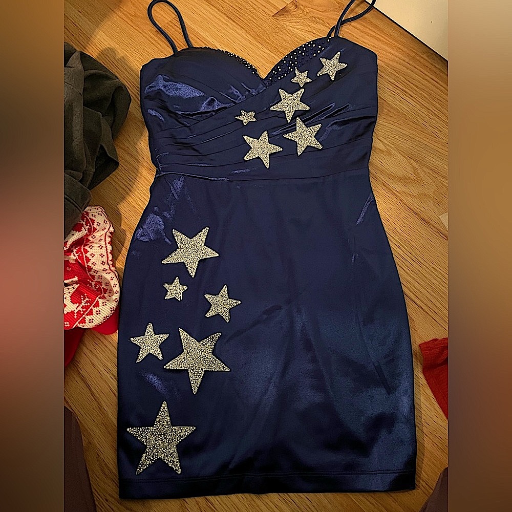 Navy satin dress with sequins and rhinestone stars: Eras Tour Outfit